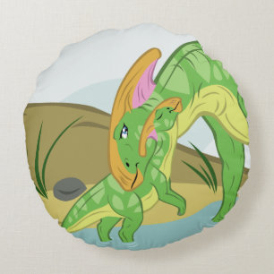 Cojín Redondo Madre y bebé de Parasaurolophus