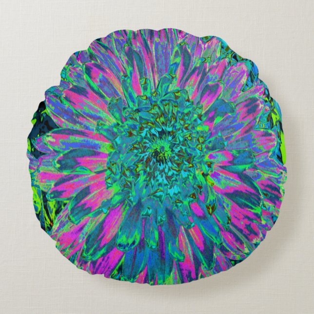 Cojín Redondo Magenta psicodélica, Aqua y Lime Green Dahlia (Anverso)