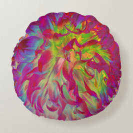 Cojín Redondo Magenta psicodélica y flor de dalia amarilla