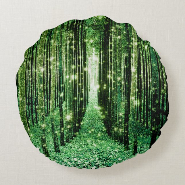 Cojín Redondo Mágico misterio verde forestal (Reverso)