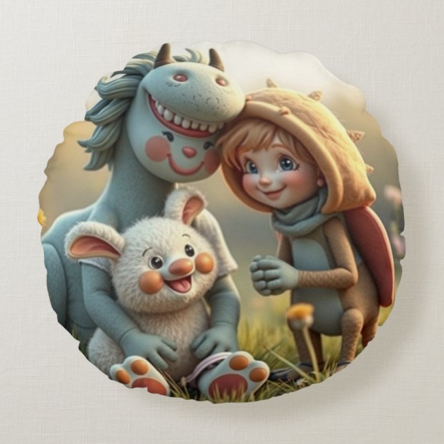 Cojín Redondo „Magische Freunde im Blütenland“ (Anverso)