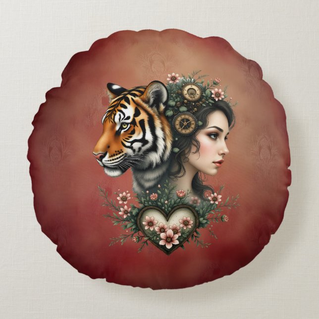 Cojín Redondo Magnífico mundo floral de steampunk (Anverso)