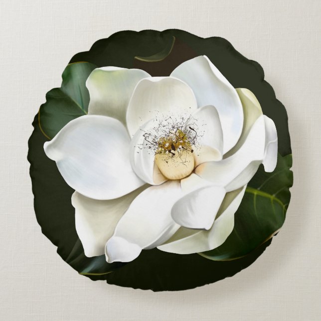 Cojín Redondo Magnolia blanca cierra fondo verde (Anverso)