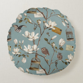 Cojín Redondo Magnolia Grove with Owls in Duck egg blue
