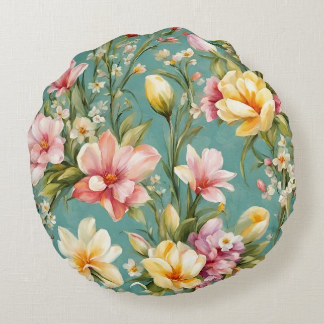 Cojín Redondo Magnolia rosa y amarilla exquisita con flores blan (Reverso)