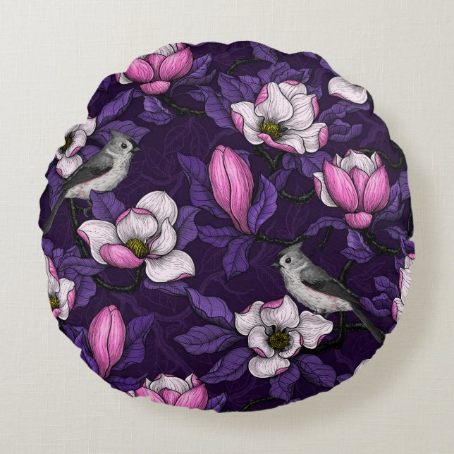 Cojín Redondo Magnolia y pájaro del titmouse 4 (Anverso)
