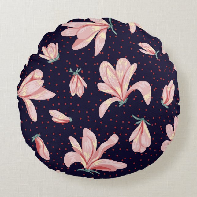 Cojín Redondo Magnolias florecientes, patrón de cosecha a mano. (Anverso)