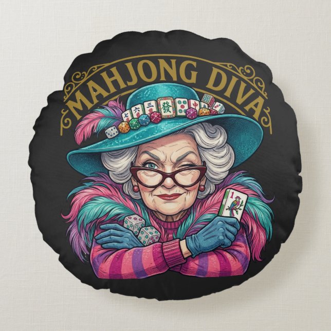 Cojín Redondo Mahjong Diva Funny Women's (Anverso)