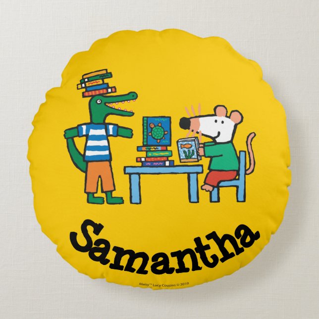 Cojín Redondo Maisy y los amigos gozan de la biblioteca (Anverso)