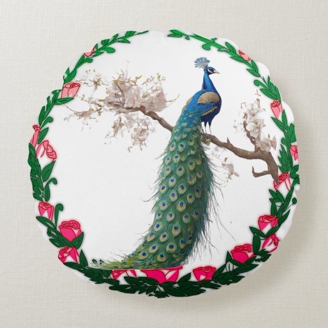 Cojín Redondo "Majestic Peacock Paradise" (Anverso)