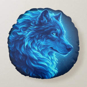 Cojín Redondo Majestuoso Lobo Azul Brillante Arte de Fantasía de