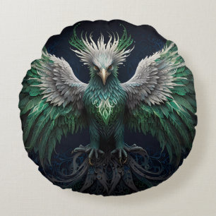 Cojín Redondo Majestuoso pájaro verde y blanco