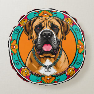 Cojín Redondo Majestuoso retrato de perro en vibrante mandala fl
