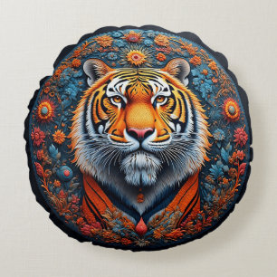 Cojín Redondo Majestuoso retrato de tigre rodeado de flores