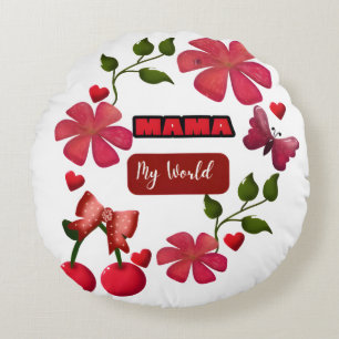 Cojín Redondo Mamá Linda Diseño Floral de Corazones de Cereza Mi