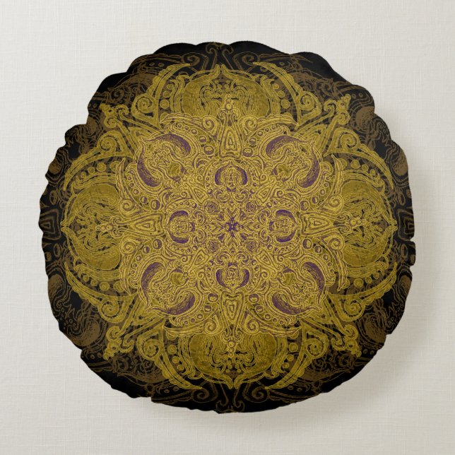 Cojín Redondo Mandala afiligranada de Mehndi del oro amarillo en (Anverso)