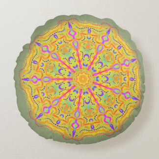 Cojín Redondo Mandala amarilla con geometría rosa