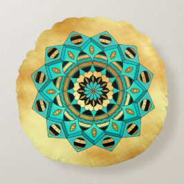 Cojín Redondo Mandala Azul Dorado Negro sobre Fondo Dorado Suave