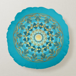 Cojín Redondo Mandala Azul Dorado sobre Fondo Azul