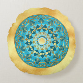 Cojín Redondo Mandala Azul Dorado sobre Fondo de Oro Suave
