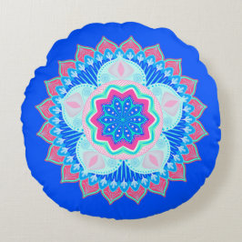 Cojín Redondo Mandala Azul Rosa sobre Fondo Azul