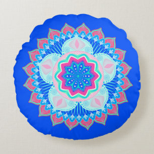 Cojín Redondo Mandala Azul Rosa sobre Fondo Azul