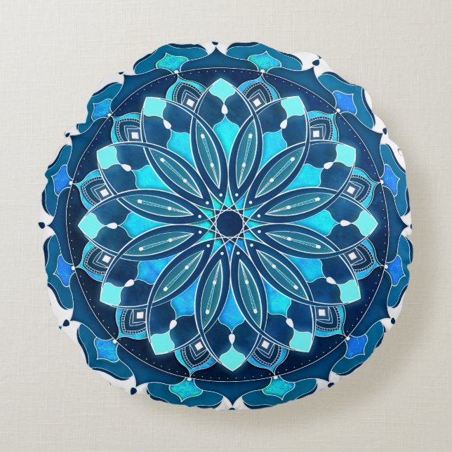 Cojín Redondo Mandala azul turquesa (Anverso)