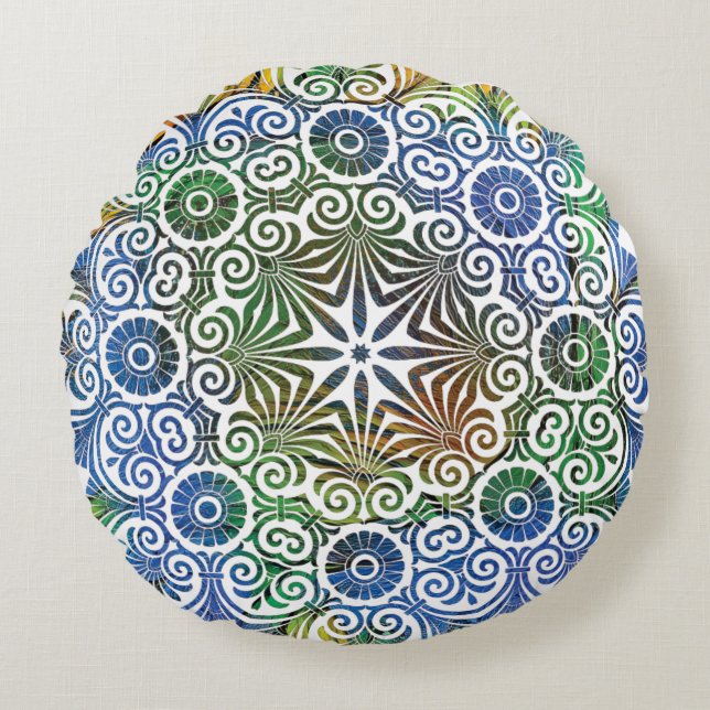 Cojín Redondo Mandala azul y verde redonda Pillow (Anverso)