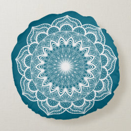 Cojín Redondo Mandala Blanco sobre Fondo Azul