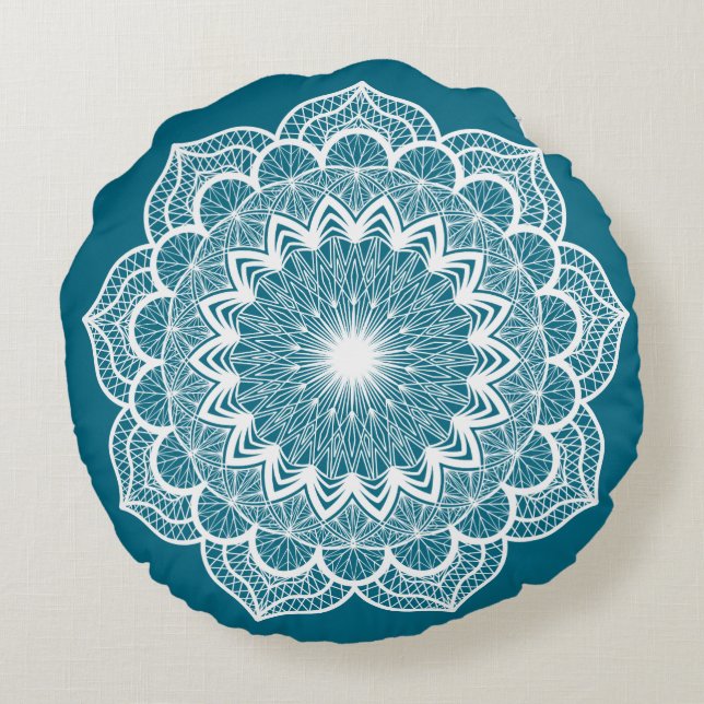 Cojín Redondo Mandala Blanco sobre Fondo Azul (Reverso)