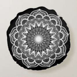 Cojín Redondo Mandala Blanco sobre Fondo Negro