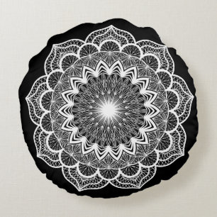 Cojín Redondo Mandala Blanco sobre Fondo Negro