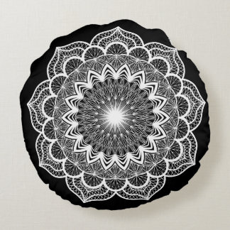 Cojín Redondo Mandala Blanco sobre Fondo Negro