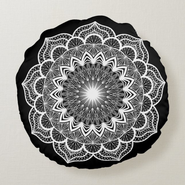Cojín Redondo Mandala Blanco sobre Fondo Negro (Reverso)