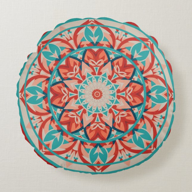 Cojín Redondo Mándala boho de naranja y turquesa (Anverso)