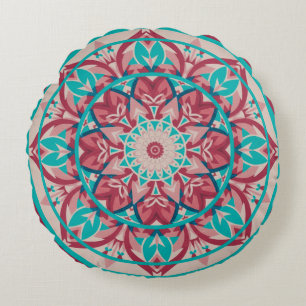 Cojín Redondo Mándala boho rosa y turquesa