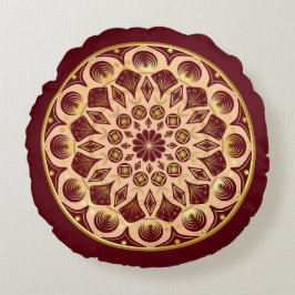 Cojín Redondo Mandala Bordeauxrojo Dorado sobre Fondo Bordeauxro