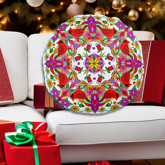 Cojín Redondo Mandala, cardenal personalizado y flores (Subido por el creador)
