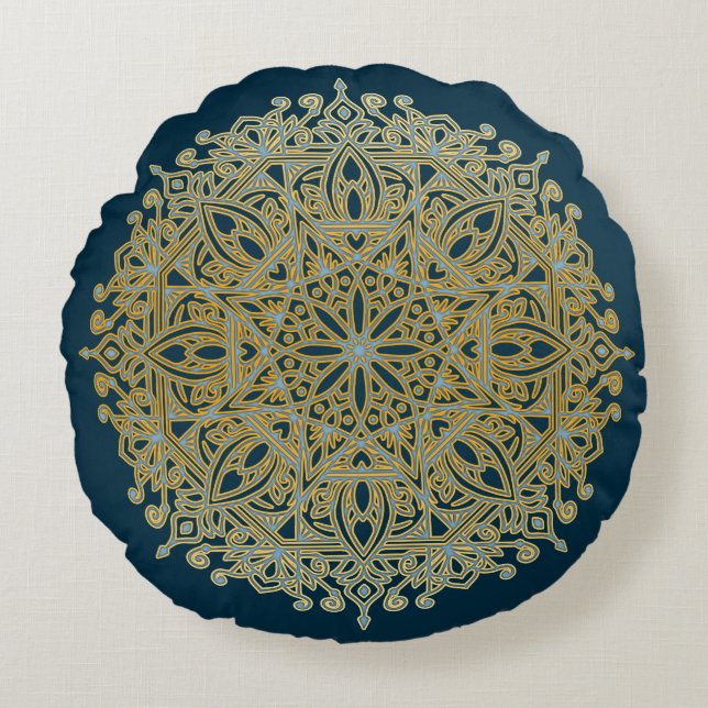 Cojín Redondo Mandala compleja del azul y del oro (Anverso)