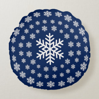 Cojín Redondo Mandalá de copos de nieve minimalista azul marino 