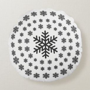 Cojín Redondo Mandalá de copos de nieve minimalista en blanco y