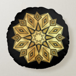 Cojín Redondo Mandala de Estrella Dorada sobre Fondo Negro