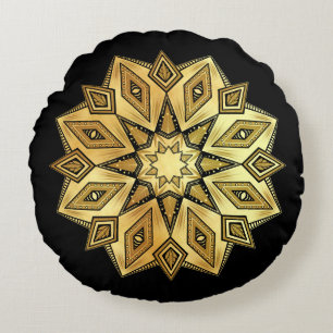 Cojín Redondo Mandala de Estrella Dorada sobre Fondo Negro