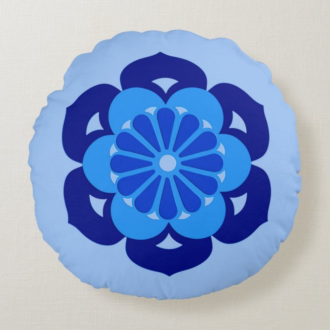 Cojín Redondo Mandala de flores Lotus, índigo y azul claro (Anverso)