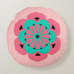 Cojín Redondo Mandala de flores Lotus, rosa coral y turquesa