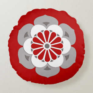 Cojín Redondo Mandala de la flor de Lotus, rojo oscuro, gris y