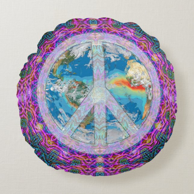 Cojín Redondo Mandala de la paz de mundo (Anverso)