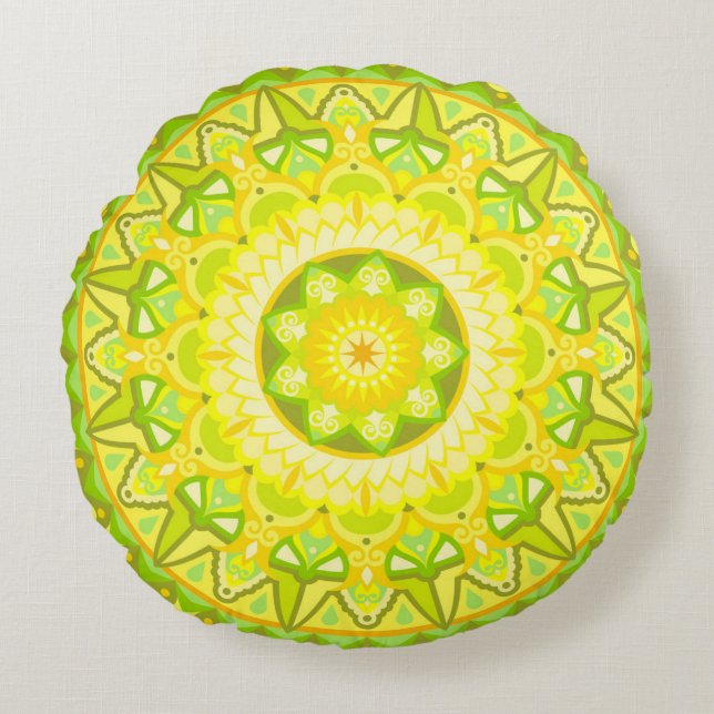 Cojín Redondo Mandalá de primavera verde amarillo boho floral (Anverso)