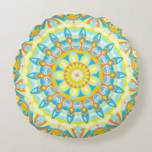 Cojín Redondo Mandalá de verano amarillo naranja boho floral bri