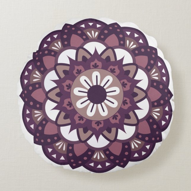 Cojín Redondo Mandala decorativa de flor magenta (Anverso)
